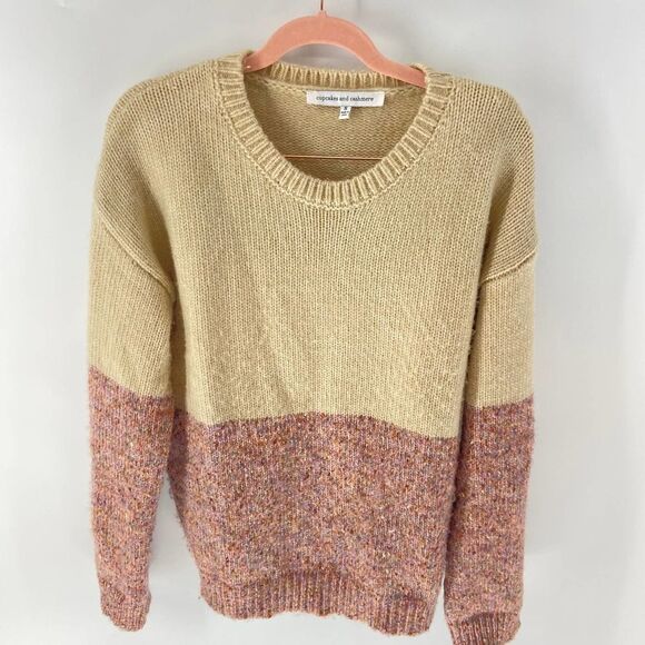 cupcakes & cashmere tan pink marbled colorblock crew neck sweater womens small - Picture 2 of 7